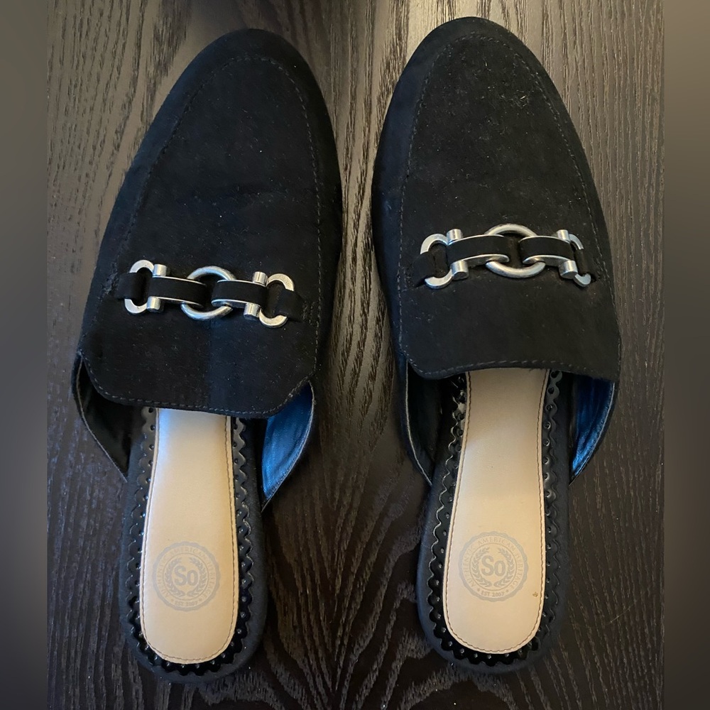 SO black suede slides with buckle detail, from Kohls- size 9.5